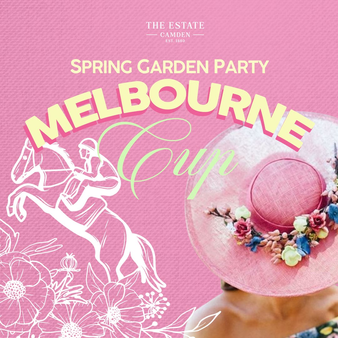 Melbourne Cup Poster Ver 2_1080x1080 Tile image of a lady with a wide-brimmed hat for a derby event titled Spring Garden Party Melbourne Cup at The Estate Camden
